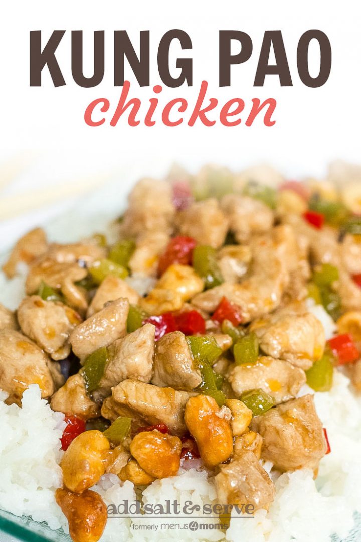 Diced chicken and diced red and green bell peppers on a bed of rice on a transparent square glass plate. Text Kung Pao Chicken Add Salt & Serve formerly Menus4Moms