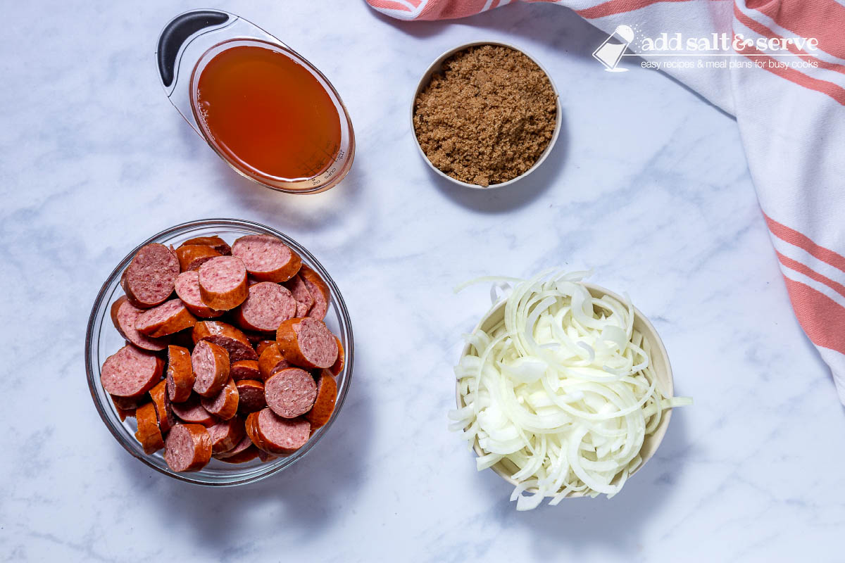 Ingredients for Brown Sugar Kielbasa (kielbasa, apple cider vinegar, onion, and brown sugar)