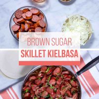 Composite image - top is ingredients for Brown Sugar Kielbasa (kielbasa, apple cider vinegar, onion, and brown sugar), and bottom is cooked Brown Sugar Kielbasa in a skillet.