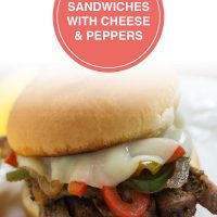 Close up photo of Steak Sandwich with Cheese and Peppers on a white plate; text Steak Sandwiches with Cheese & Peppers - Add Salt & Serve logo