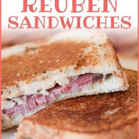 Two Reuben sandwiches on a white plate; text Grilled Reuben Sandwiches Add Salt & Serve formerly Menus4Moms