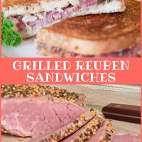 Composite image. Top photo is two Reuben sandwiches on a white plate. Bottom photo is slices of corned beef on a wooden cutting board. Text is Add Salt & Serve formerly Menus4Moms Grilled Reuben Sandwiches