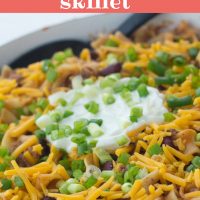 Kidney beans, ground beef, and egg noodles topped with shredded cheddar cheese, sour cream, and chopped green onions, in a skillet. Text Southwestern Hamburger Skillet Add Salt & Serve formerly menus4moms