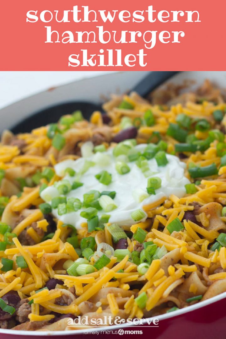 Kidney beans, ground beef, and egg noodles topped with shredded cheddar cheese, sour cream, and chopped green onions, in a skillet. Text Southwestern Hamburger Skillet Add Salt & Serve formerly menus4moms