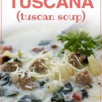 Bowl of soup with spinach, potatoes, bacon and cheese; text Zuppa Tuscana (Tuscan Soup) Add Salt & Serve formerly Menus4Moms