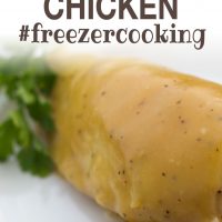 White plate with chicken breast topped with a Dijon sauce. Text maple dijon chicken #freezercooking add salt & serve formerly menus4moms
