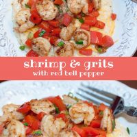 Top photo is an overhead shot of hrimp, diced tomatoes, and shredded cheddar cheese on grits, on a white plate with a fork. Bottom photo is a side view of the same plate of food. Text Shrimp & Grits with Red Bell Pepper Add Salt & Serve formerly menus4moms