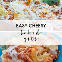 Composite image: top photo is Cheesy Baked Ziti in a casserole dish, garnished with a sprig of parsley. Bottom photo is Cheesy Baked Ziti with a fork on a blue plate. Text is Easy Cheesy Baked Ziti - Add Salt & Serve logo