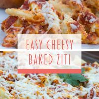 Composite image: top photo is Cheesy Baked Ziti on a plate with garlic bread. Bottom photo is Cheesy Baked Ziti in a casserole dish, garnished with a sprig of parsley. Text is Easy Cheesy Baked Ziti - Add Salt & Serve logo