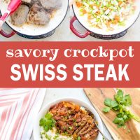 Top left photo is four cooked beef steaks in a red and white skillet. Top right photo is chopped onion, carrots, and celery in a red and white skillet. Bottom photo is a white bowl with mashed potatoes in one half and strips of beef and chopped vegetables in the other half, garnished with parsley. To the left of the bowl is a spoon and fork on a red linen napkin. To the right is a wooden cutting board with parsley on it; text savory crockpot swiss steak add salt & serve formerly menus4moms