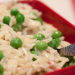 Orzo Alfredo with Peas on a plate