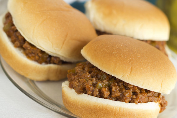 3 sloppy joe sandwiches on hambuger buns