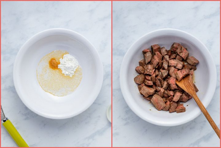 composite image of a bowl with water, cornstarch, and garlic salt and a bowl with leftover steak