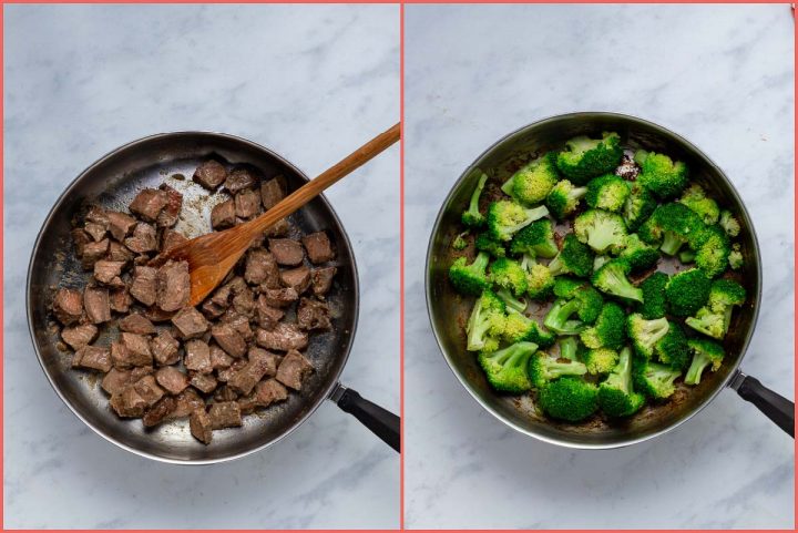 composite image of leftover steak in a skillet and broccoli in a skillet