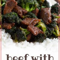 Beef slices with broccoli in a soy-based sauce served over white rice on a white plate with chopsticks to the side and tetxt Beef with Broccoli - Add Salt & Serve