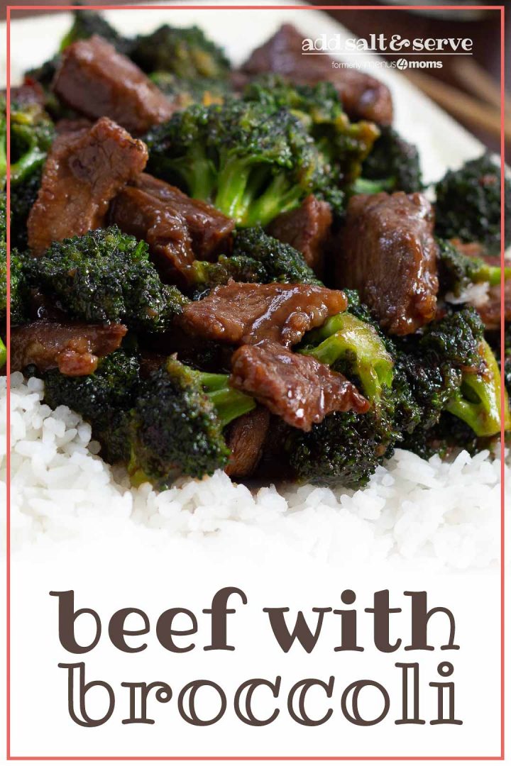 Beef slices with broccoli in a soy-based sauce served over white rice on a white plate with chopsticks to the side and tetxt Beef with Broccoli - Add Salt & Serve