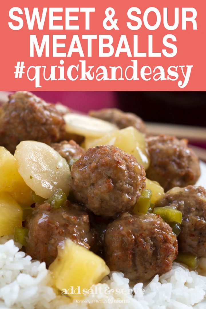 Meatballs, water chestnuts, and pineapple chunks in sauce over white rice, text Sweet and Sour Meatballs #quickandeasy