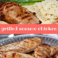 Composite image with Grilled boneless skinless chicken breasts with a sesame marinade brushed on them and served on a Armetale platter on bottom and a plate with one of the chicken breasts served with couscous and asparagus; text Grilled Sesame Chicken Add Salt & Serve