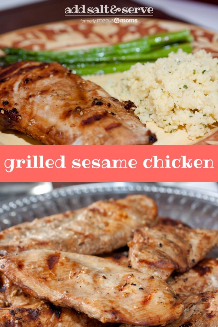 Composite image with Grilled boneless skinless chicken breasts with a sesame marinade brushed on them and served on a Armetale platter on bottom and a plate with one of the chicken breasts served with couscous and asparagus; text Grilled Sesame Chicken Add Salt & Serve
