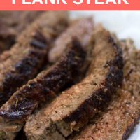 Seaasoned and grilled flank steak sliced and plated with juices and text Italian Flank Steak