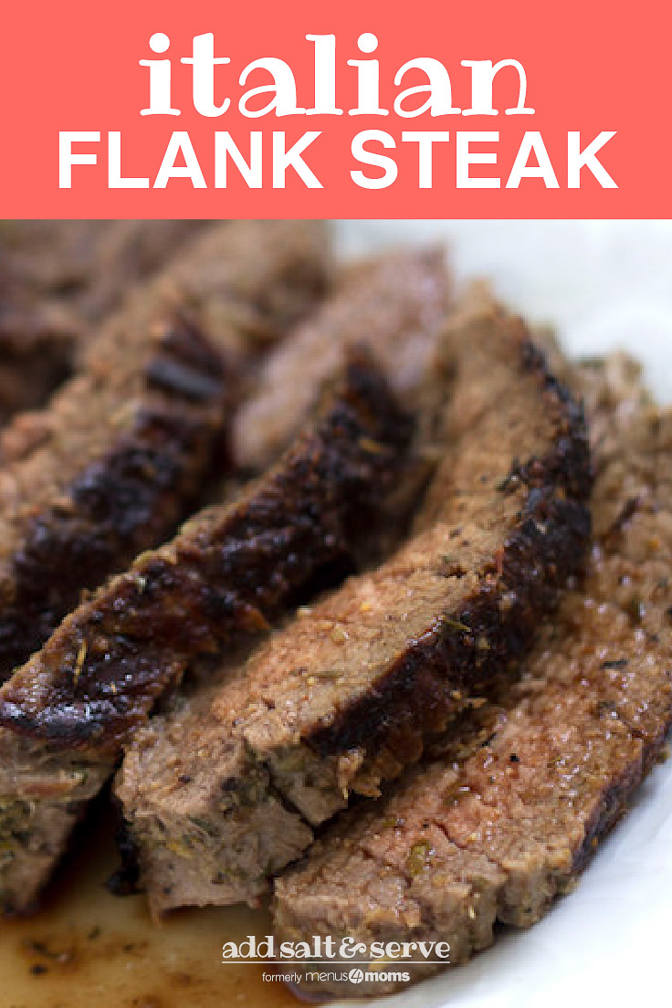 Seaasoned and grilled flank steak sliced and plated with juices and text Italian Flank Steak