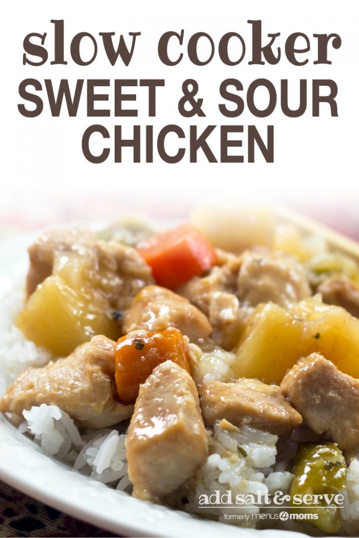 Chunks of cooked chicken, pinapple, carrots, and peppers served over white rice with text slow cocoker sweet and sour chicken