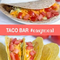 Composite image with top image showing soft taco with shredded lettuce, grated cheese, and chopped tomatoes and bottom image showing hard tacos garnished the same way and text Taco Bar #easymeal