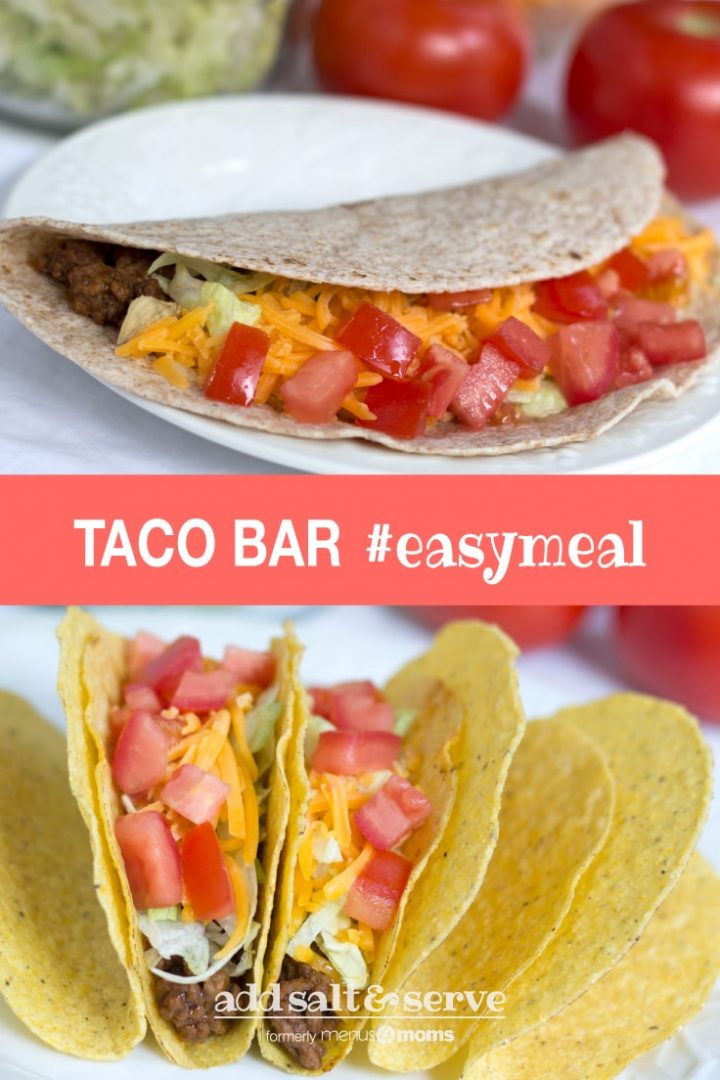 Composite image with top image showing soft taco with shredded lettuce, grated cheese, and chopped tomatoes and bottom image showing hard tacos garnished the same way and text Taco Bar #easymeal