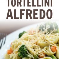Plate of cooked tortellini and Alfredo sauce with broccoli and carrots garnished with shredded Parmesan cheese; text Vegetable Tortellini Alfredo Add Salt & Serve