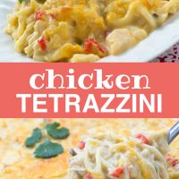 Top photo is Chicken Tetrazzini on a white plate. Bottom photo is Chicken Tetrazzini in a casserole dish. Text Chicken Tetrazzini Add Salt & Serve formerly Menus4Moms