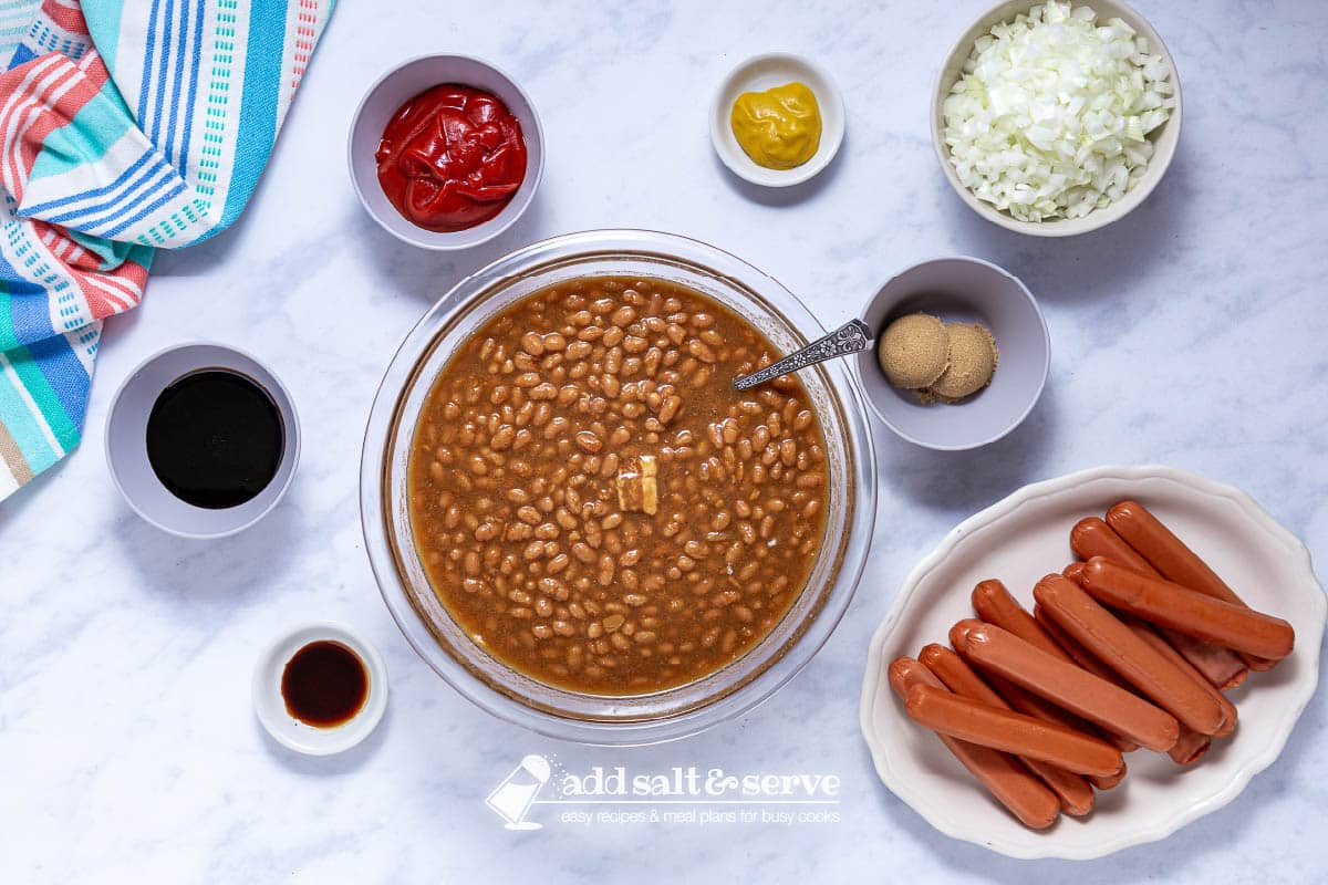 overhead view of ingredients for baked franks and beans recipe.