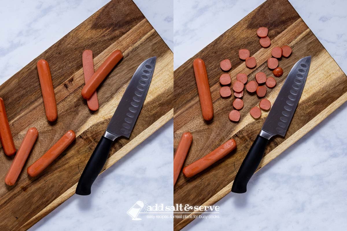 composite photo: left side franks sliced length-wise; right side franks chopped cross-wise.