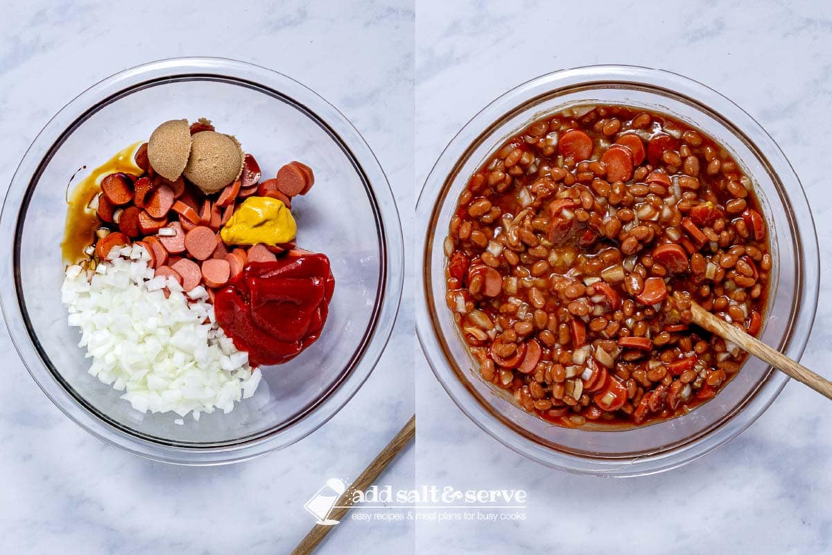 Composite photo: left side - ingredients for franks and beans sauce in a bowl before mixing; right side after mixing.