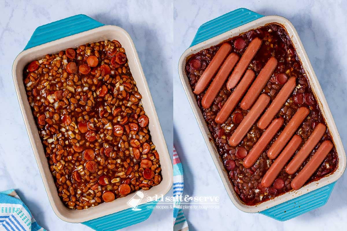Composite photo: left side chopped hot dogs with beans in sauce in a baking dish; right side after topping with sliced hot dogs.