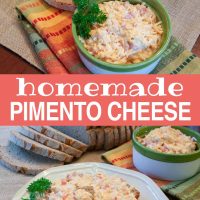 Top photo is Homemade Pimento Cheese in a green and white bowl, garnished with a sprig of parsley. There is an unpackaged loaf of sliced bread at the top of the photo. Bottom photo is slices of bread topped with pimento cheese, on a white plate. A sliced loaf of bread is in the background on the left. The bread is on a gray woven placemat. A green and white bowl full of pimento cheese is in the background on the right. The bowl is on a green, orange, yellow, and blue striped linen napkin. Text Add Salt & Serve formerly Menus4Moms Homemade Pimento Cheese