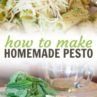 Top photo is rigatoni on a white plate topped with pesto and shredded parmesan cheese. Bottom photo is a pile of basil leaves, a glass measuring cup with olive oil, a pile of shredded parmesan cheese, garlic cloves, and a pile of pine nuts, on a wooden cutting board. Text How to Make Homemade Pesto Add Salt & Serve formerly menus4moms