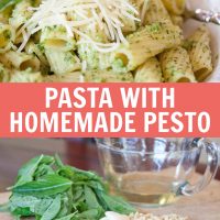 Top photo is rigatoni on a white plate topped with shredded parmesan cheese and pesto. Bottom photo is a pile of basil leaves, a glass measuring cup with olive oil, a pile of shredded parmesan cheese, garlic cloves, and a pile of pine nuts, on a wooden cutting board. Text Pasta with Homemade Pesto Add Salt & Serve formerly menus4moms