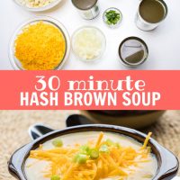 Top photo is a clear glass bowl with shredded cheddar cheese, a clear glass bowl of diced hash brown potatoes, 3 open cans of chicken broth, one open can of cream of celery soup, one open can of cream of chicken soup, one open can of evaporated milk, clear glass bowl of chopped onions, and clear glass bowl of chopped green onions. Bottom photo is potato soup in a brown soup bowl, topped with shredded cheddar cheese and garnished with chopped green onions. Text 30 minute Hash Brown Soup add salt & serve formerly menus4moms