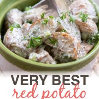 Bowl of potato salad garnished with parsley with a fork and text Very Best Red Potato Salad - Add Salt & Serve logo