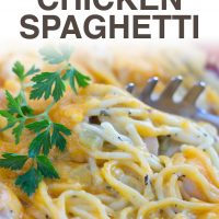 Pasta server pulling out a serving of a casserole of spaghetti and chicken in a white sauce topped with cheddar cheese and garnished with parsley