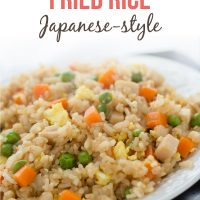 Chicken Fried Rice on a white plate; text Chicken Fried Rice Japanese-style - Add Salt & Serve logo