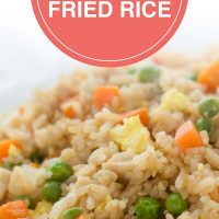 Chicken Fried Rice on a white plate; text Japanese Chicken Fried Rice - Add Salt & Serve logo