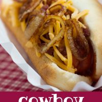 hot dog in bun topped with sauteed onion and grated cheddar cheese. Text Add Salt & Serve formerly Menus4Moms Cowboy Hot Dogs