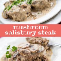 Mushroom Salisbury Steak on a white plate garnished with a sprig of parsley. Text Mushroom Salisbury Steak Add Salt & Serve formerly menus4moms