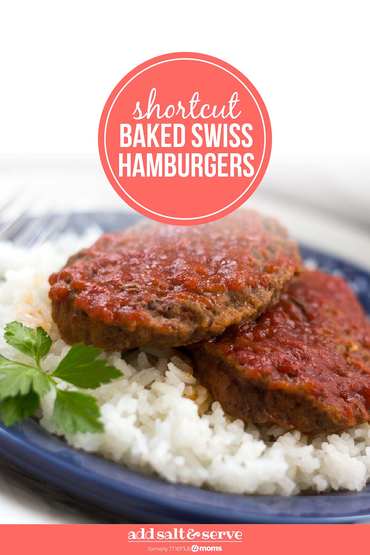Two Baked Swiss Hamburgers on a bed of rice on a plate.