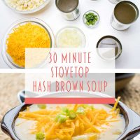 Composite image: Top photo is ingredients. Bowls of hash browns, shredded cheddar cheese, diced onions, and cans of chicken broth, cream of celery soup, cream of chicken soup, and evaporated milk. Bottom photo is a bowl of Hash Brown Potato Soup topped with shredded cheddar cheese and garnished with diced green onions. Text is 30 Minute Stovetop Hash Brown Soup - Add Salt & Serve logo