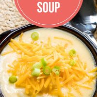 Overhead shot of a bowl of Hash Brown Potato Soup topped with shredded cheddar cheese and garnished with diced green onions. Text is Stovetop Hash Brown Soup - Add Salt & Serve logo