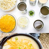 Composite image: Top photo is ingredients. Bowls of hash browns, shredded cheddar cheese, diced onions, and cans of chicken broth, cream of celery soup, cream of chicken soup, and evaporated milk. Bottom photo is a bowl of Hash Brown Potato Soup topped with shredded cheddar cheese and garnished with diced green onions. Text is Stovetop Hash Brown Soup only 30 minutes! - Add Salt & Serve logo
