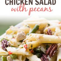 Asparagus Chicken Salad on a green and white plate; text Asparagus Chicken Salad with Pecans - Add Salt & Serve logo