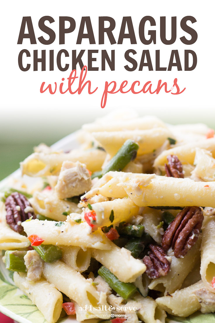 Asparagus Chicken Salad on a green and white plate; text Asparagus Chicken Salad with Pecans - Add Salt & Serve logo